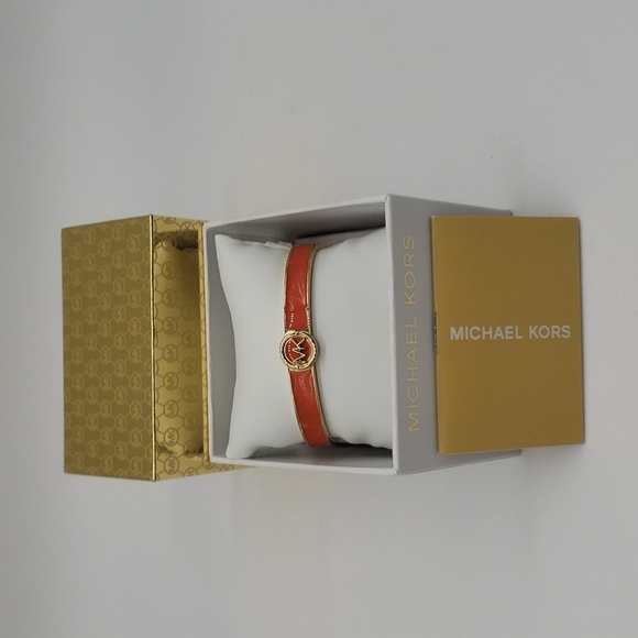 535- MICHAEL Michael Kors Haute Gold Tone Orange Enamel Bangle Bracelet NWT - Picture 1 of 8